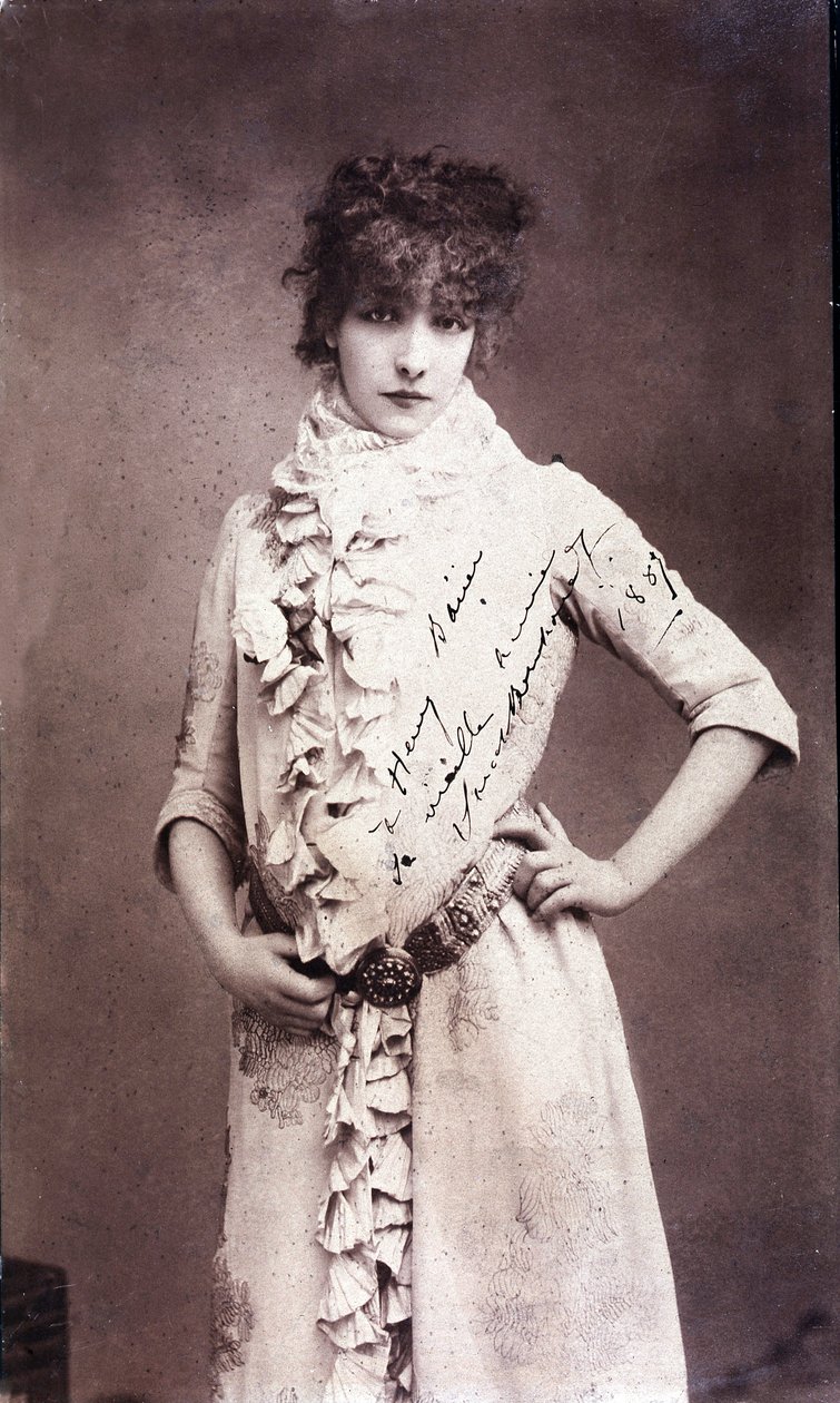 Porträtt av Henriette Rosine Bernard dit Sarah Bernhardt (1844-1923), autograferad fotografi av Unknown artist