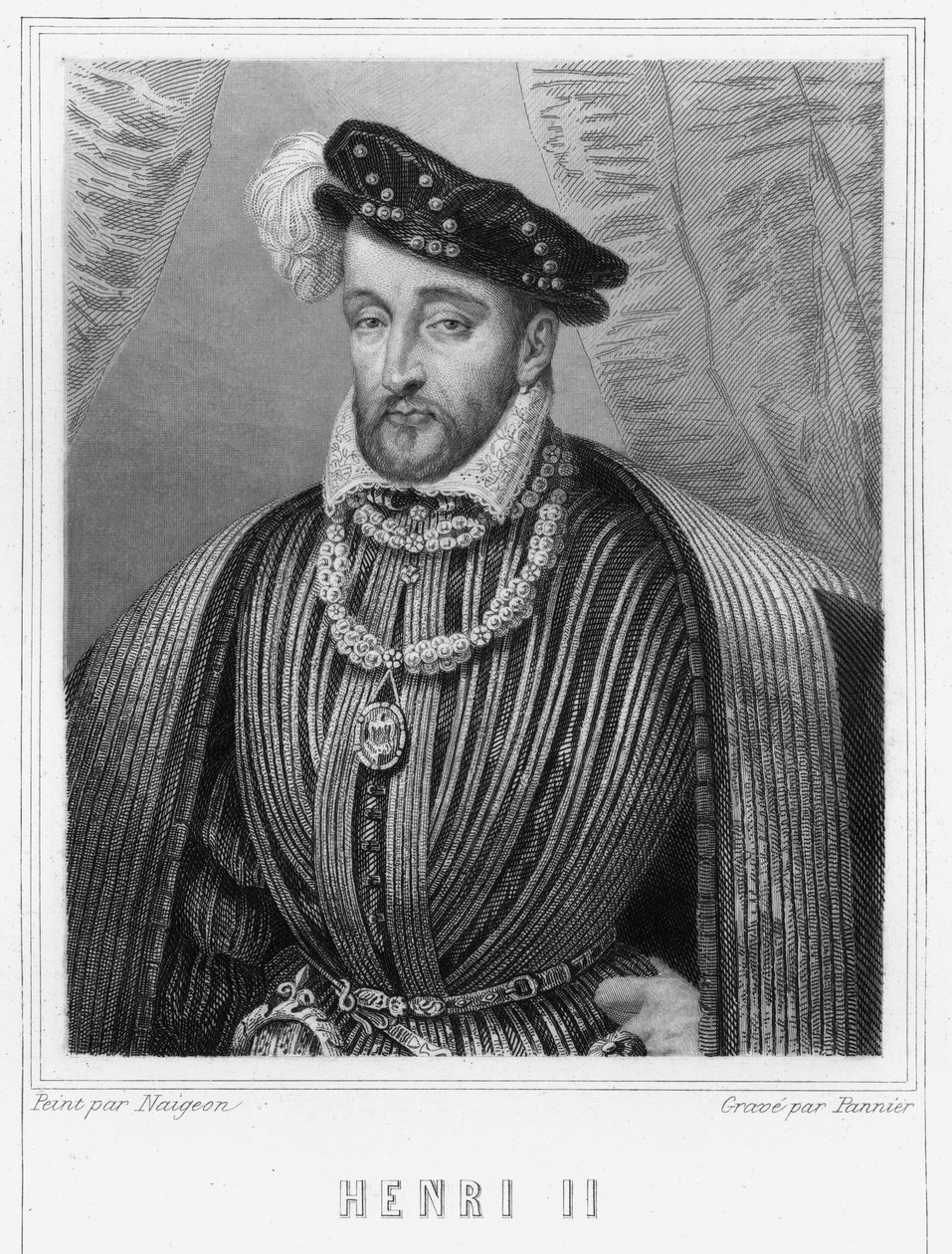 Porträtt av Henrik II (1519 - 1559), kung av Frankrike - i "Histoire des Français"" av Lavallée, gravyr, sd. av Unknown artist