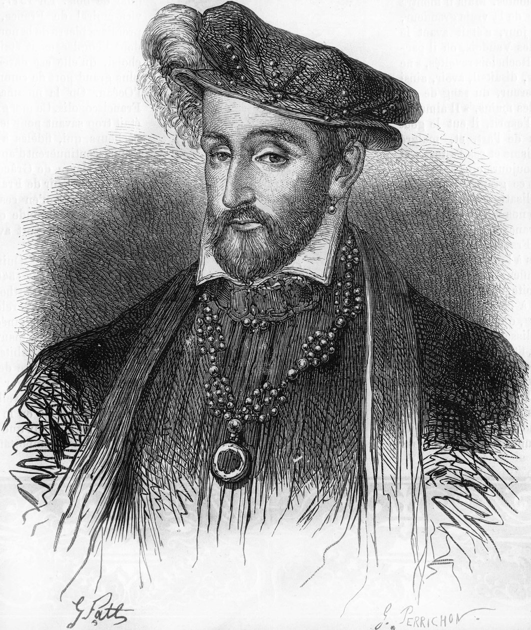 Porträtt av Henrik II, kung av Frankrike (1519-1559), gravyr från 1800-talet. av Unknown artist