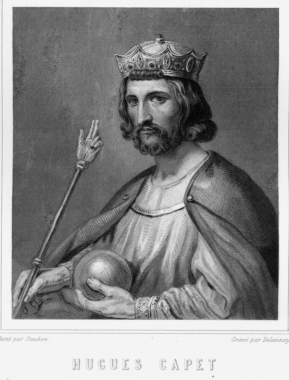 Porträtt av Hugues I Capet (v. 941 - 996), hertig av Frankrike och sedan kung av Frankrike - i "Histoire des Français"" av Lavallée, gravyr, sd. av Unknown artist