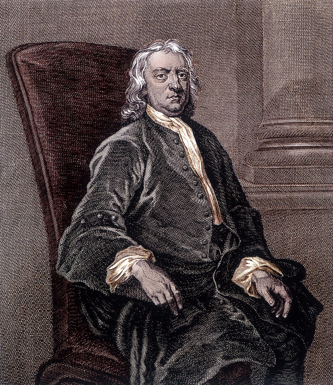 Porträtt av Isaac Newton sittande i en fåtölj - gravyr av Unknown artist