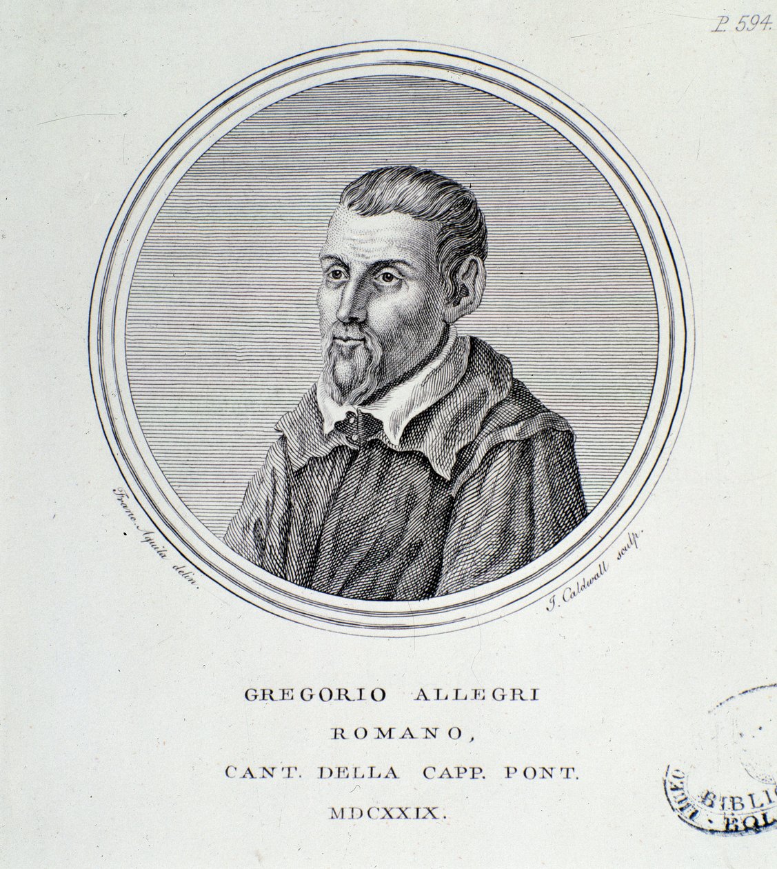 Porträtt av den italienske kompositören Gregorio Allegri (1582-1652) Gravyr. 1629. Bologna, medborgarbibliografiskt museum av Unknown artist