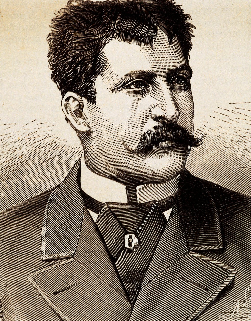Porträtt av den italienska lyriska sångaren Mattia Battistini (1857-1928). Gravyr av 1800-talet. av Unknown artist