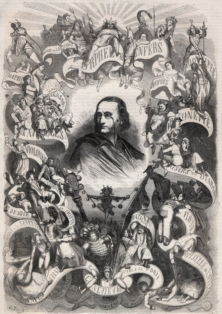 Porträtt av Jacques Offenbach (1819-1880), fransk tonsättare och chef för teatern des Bouffes Parisiens, omgiven av karaktärer från hans verk - Gravyr i "" Le Monde Illustré"" av Unknown artist