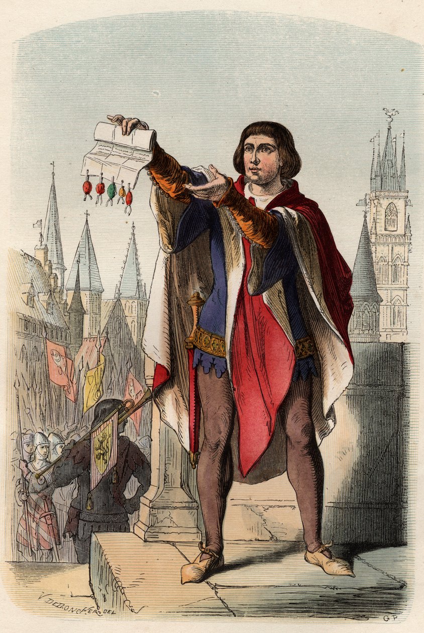 Porträtt av Jacques eller Jacob van Artevelde (1287-1345), flamländsk politiker. Gravyr från 1868 i "Histoire de Belgique från primitiv tid till slutet av Leopold I:s rege"" av Theodore Juste (1818-1888). Privat samling. av Unknown artist