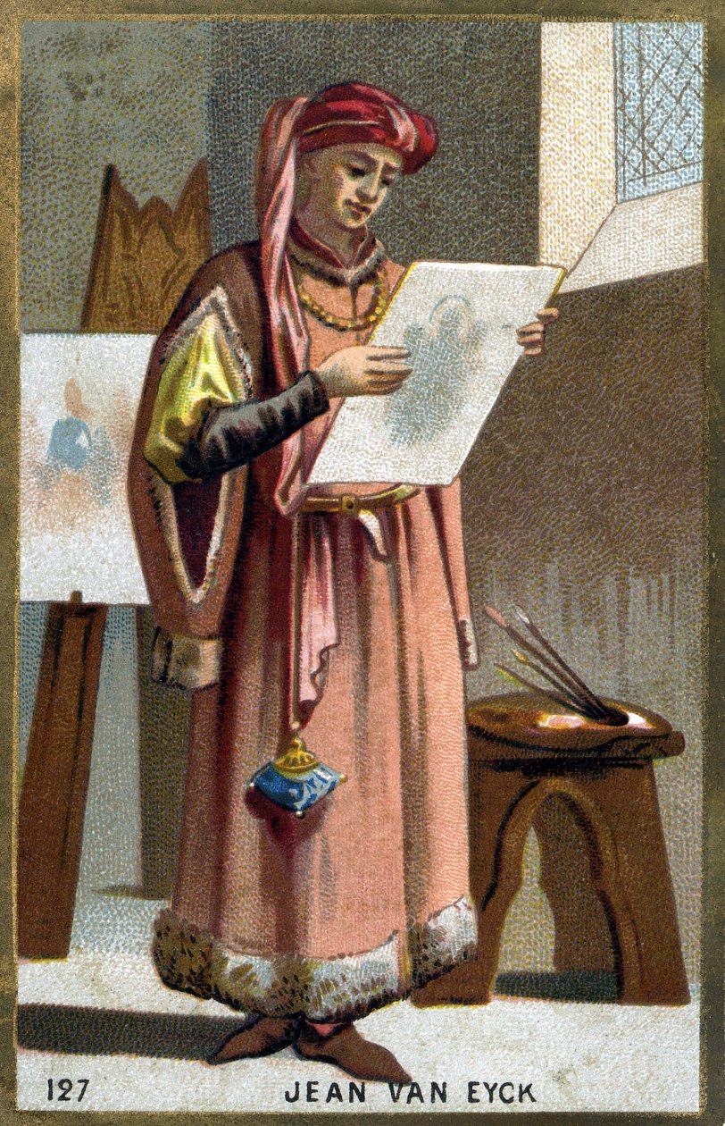 Porträtt av Jan Van Eyck (1390 -1441) flamländsk målare - huvudbonad av en liripipion. Kromolitografi av 1800-talet. av Unknown artist