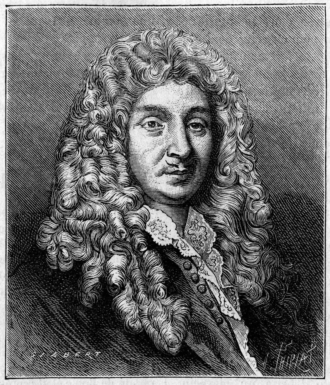 Porträtt av Jean Baptiste Lully (Giovanni Battista Lulli) (1632-1687), fransk kompositör av italienskt ursprung. Från en tidstypisk gravyr. Gravyr i "" Nature: granskning av vetenskaperna och deras tillämpningar på konst och industri "" av 7 maj 1887. av Unknown artist