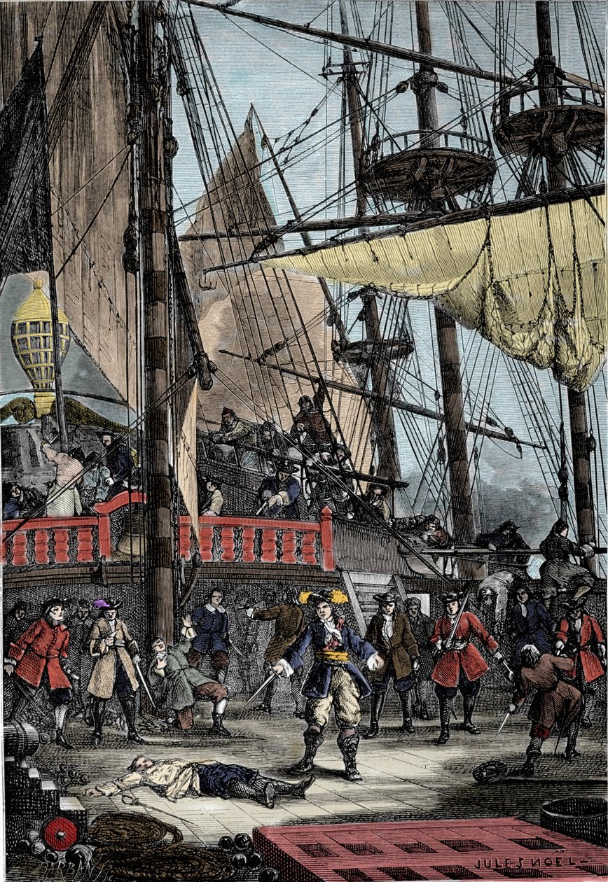 Porträtt av Jean Bart (1650 - 1702), fransk kapare dödar den holländska kaptenen på Neptunus med sin hand. av Unknown artist