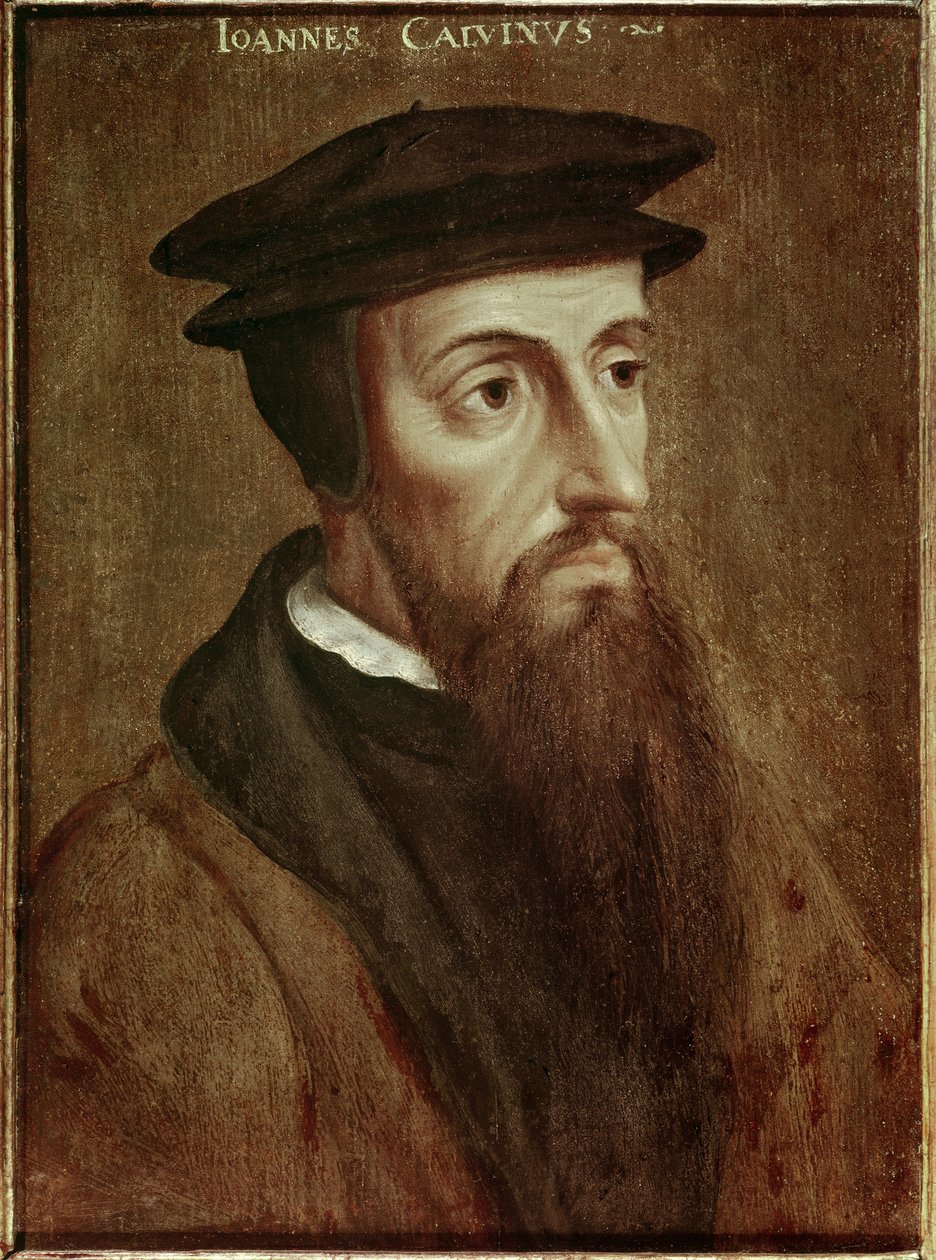 Porträtt av Jean Calvin (Jean Cauvin) fransk reformator och författare (1509-1564) Anonym målning. 1550. Rotterdam. Musee Boymans Van Beuningen - Porträtt av John Calvin (Jean Cauvin), fransk författare, teolog och pastor under den protestantiska reformati av Unknown artist