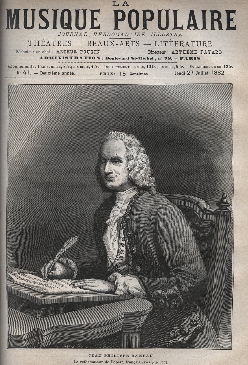 Porträtt av Jean Philippe Rameau (1683-1764) - Porträtt av Jean-Philippe (Jean Philippe) Rameau (1683-1764), fransk kompositör - gravyr i den berömda veckotidningen "La musique populaire"" - 1882 av Unknown artist
