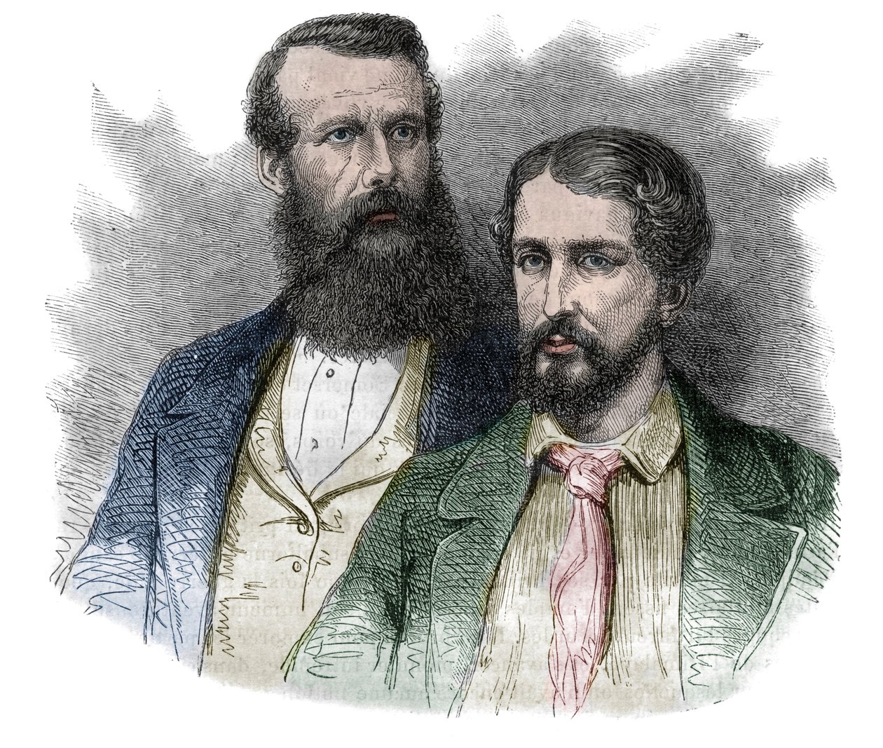 Porträtt av John Hanning Speke, brittisk upptäcktsresande, och James Augustus Grant, brittisk soldat och upptäcktsresande. Tillsammans utforskade de källorna till Nilen - gravyr från "" Den pittoreska historien om stora resor under artonhundratalet"". 1877 av Unknown artist