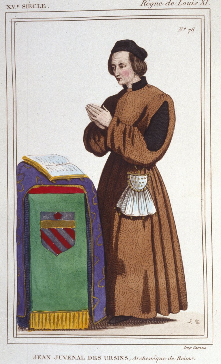 Porträtt av John Juvenal des Ursins: Från hans riktiga namn Jouvenel. Född 1388 (Paris), död 1473 (Reims, Marne) vid 85 års ålder. Han gynnades av följande inkomstkällor: Biskop av Beauvais, ärkebiskop av Reims, Biskop av Laon, prästerskap, Attorn av Unknown artist