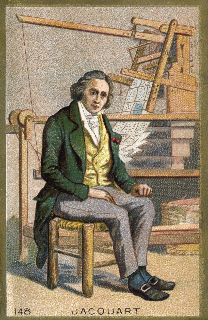 Porträtt av Joseph Marie Jacquard (1752-1834), fransk mekaniker framför sin automatiska vävstol. av Unknown artist
