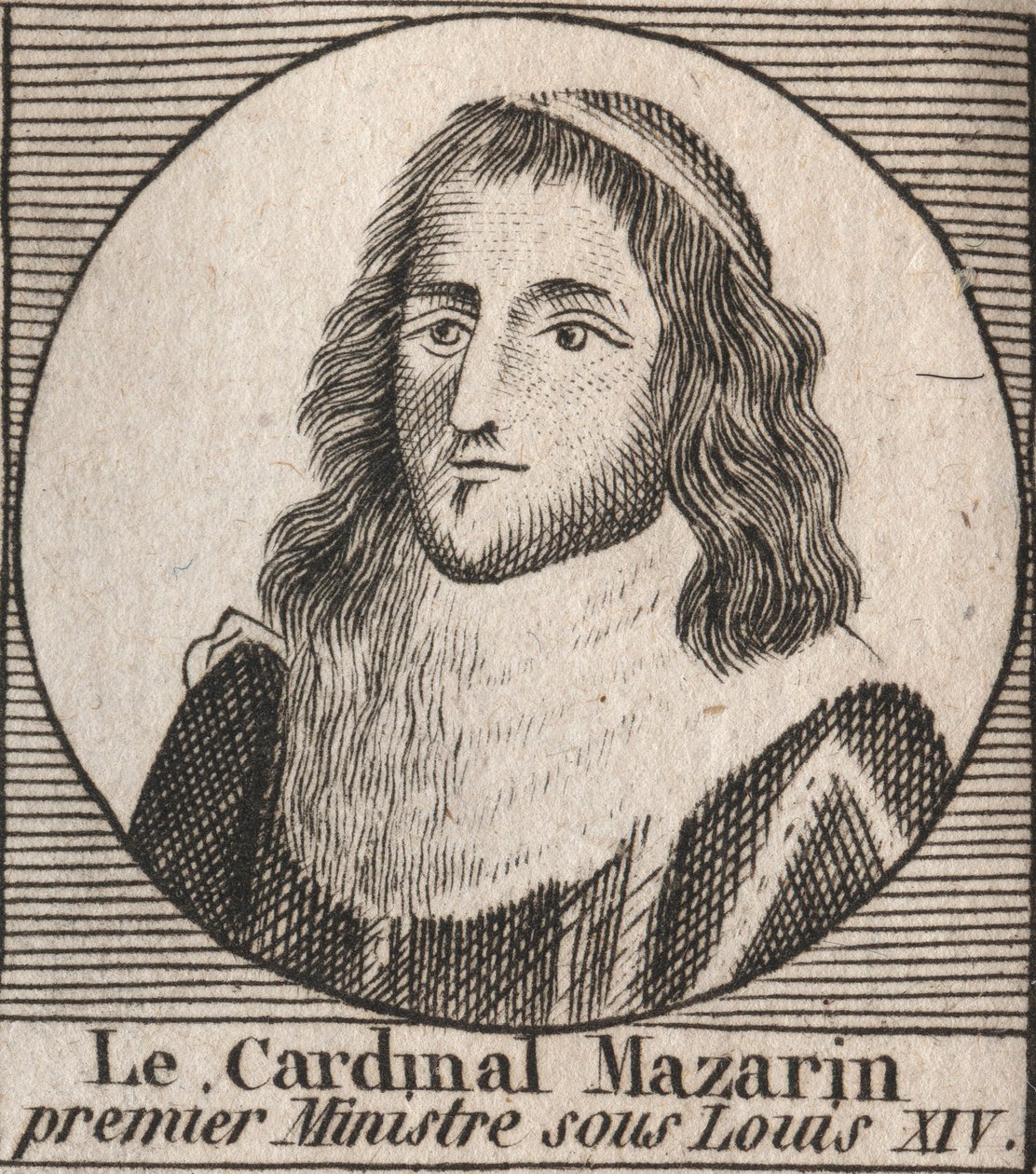 Porträtt av Jules Mazarin (1602-1661), känd som kardinal Mazarin, premiärminister under Ludvig XIV - Kardinal Mazarin tjänstgjorde som Ludvig XIV:s chefsminister - gravyr från "Instruction sur l