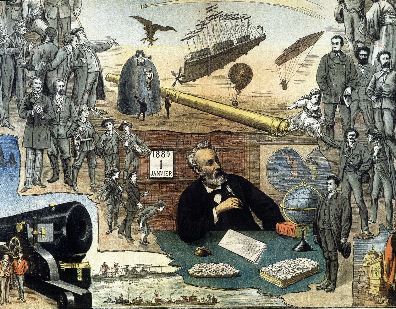 Porträtt av Jules Verne och scener av hans verk - reklamaffisch för hans kompletta verk av Unknown artist