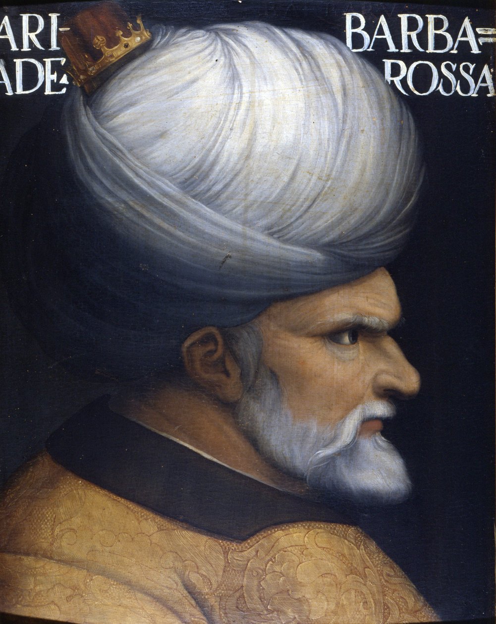 Porträtt av Khayr Al-Din Barberousse (1476 -1546), grundare med sin bror av Regency of Algiers, han var den osmanska sultanens vasall och Frankrikes allierade mot Karl V. 1500-talsmålning. Uffizimuseet, Florens. av Unknown artist