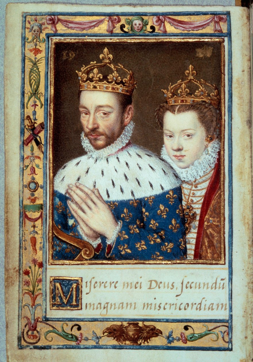 Porträtt av kung Karl IX (1550-1574) och Elisabet av Österrike (1554-1592) Frankrikes drottning Manuskriptsida av "Timmeboken av Catherine de Medicis" (Caterina de Medici) 1500-talets Paris, B.N. av Unknown artist