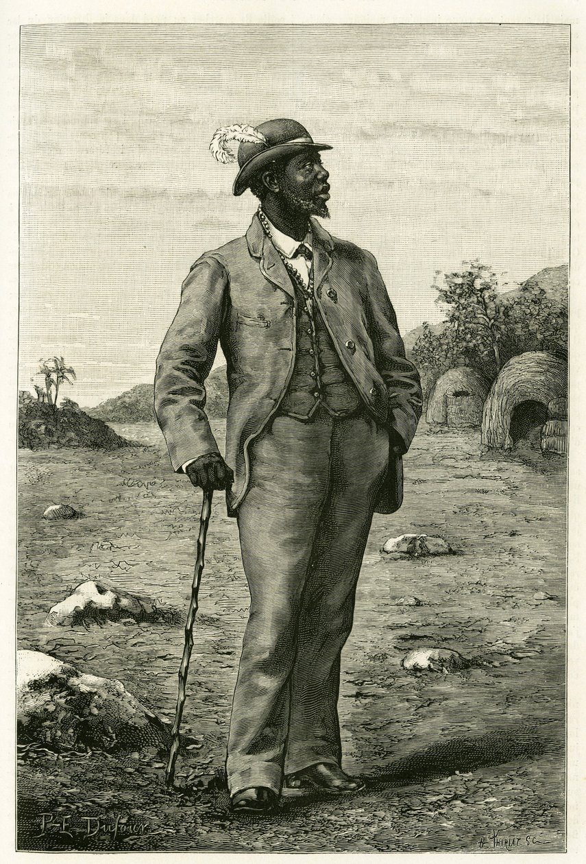 Porträtt av kung Sepopo av Zambeze (nuvarande Sydafrika), klädd i europeisk stil, gravyr av P. Dufour, för att illustrera berättelsen "Au pays des Marutses", 1875-1879, av Dr. Emile Holub (1847- 1902). Publicerad i Tour du monde, termin 1 av Unknown artist