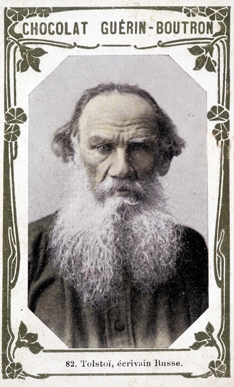 Porträtt av Lev Nikolajevitj, greve Tolstoj (Leo Tolstoj), rysk författare (1828-1910). Vignette des chocolates Guérin - Boutron av Unknown artist