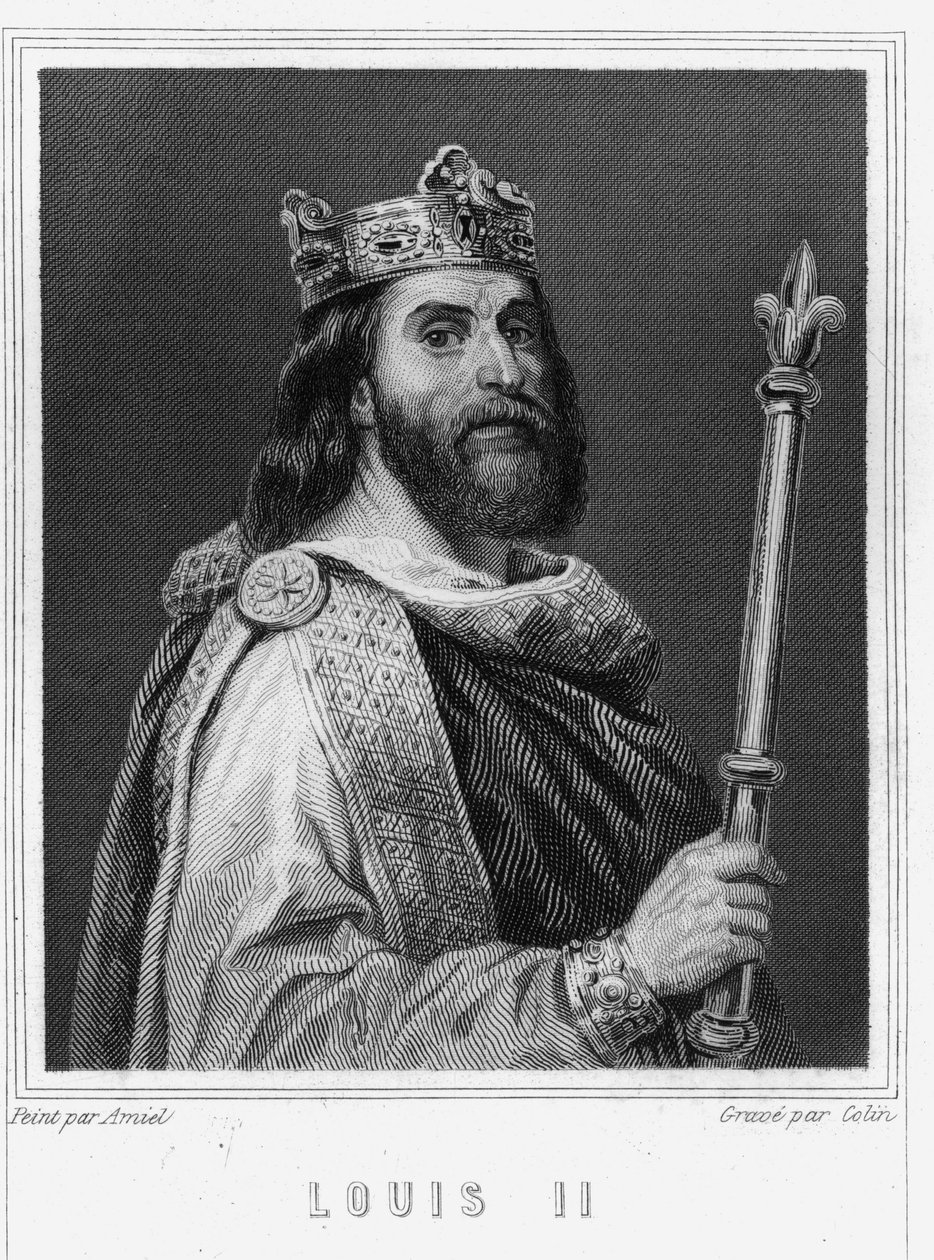 Porträtt av Ludvig II the Begue eller Fainéant (846 - 879), kung av Frankrike - i "Histoire des Français"" av Lavallée, gravyr, sd. av Unknown artist