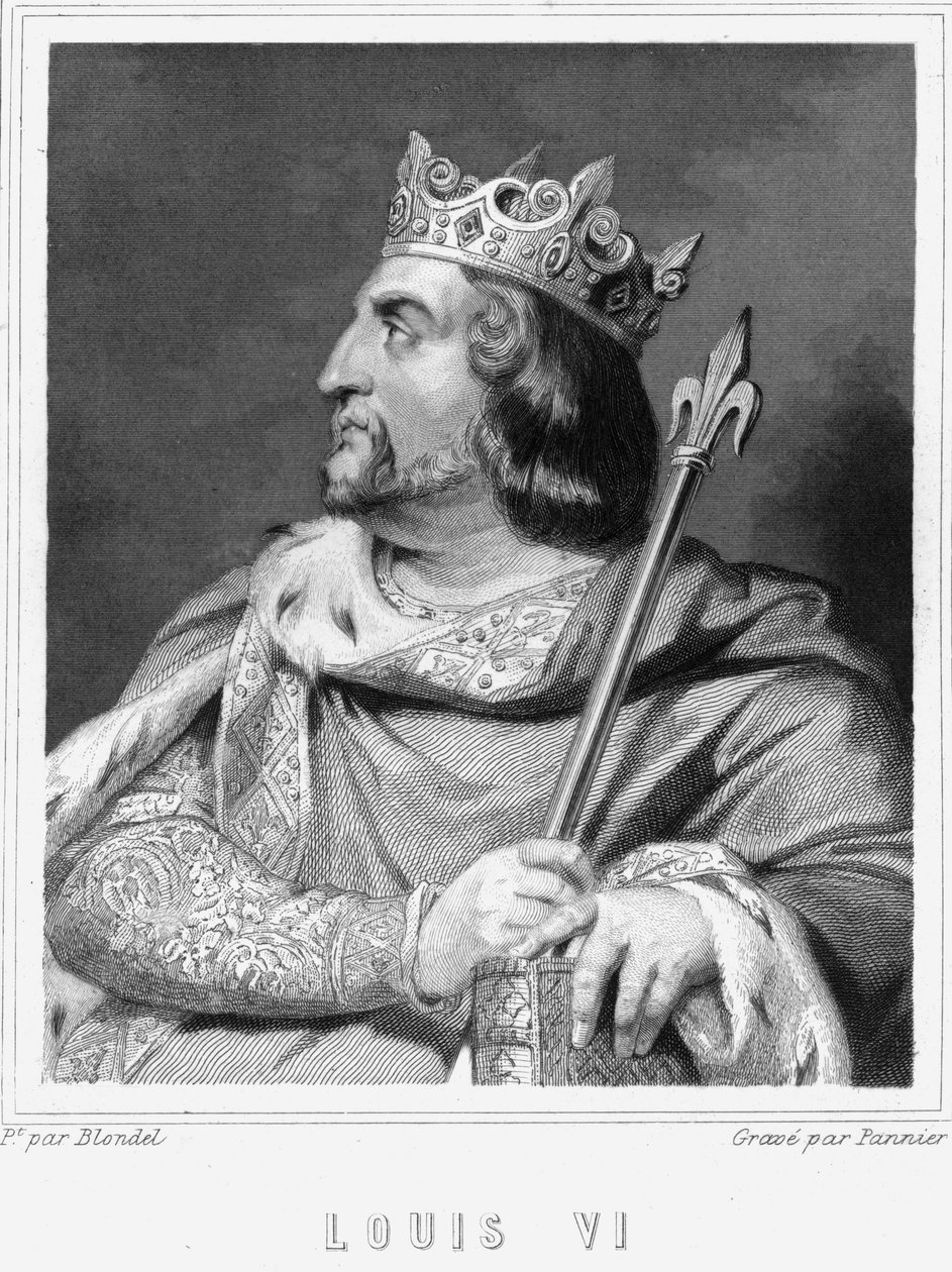 Porträtt av Louis VI le Gros (1081 - 1137), kung av Frankrike - i "Histoire des Français"" av Lavallée, gravyr, sd. av Unknown artist
