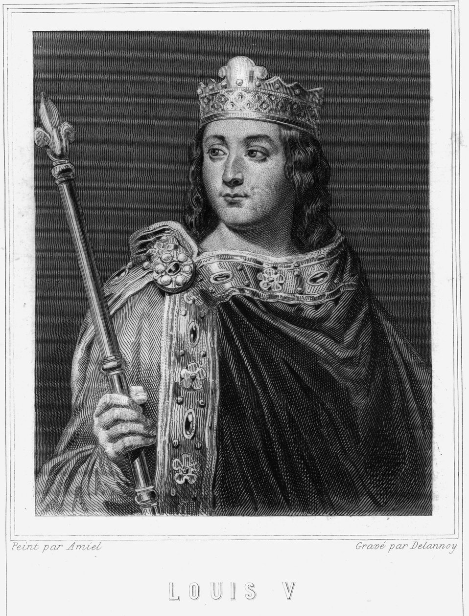 Porträtt av Louis V le Fainéant (967 - 987), kung av Frankrike - i "Histoire des Français"" av Lavallée, gravyr, sd. av Unknown artist