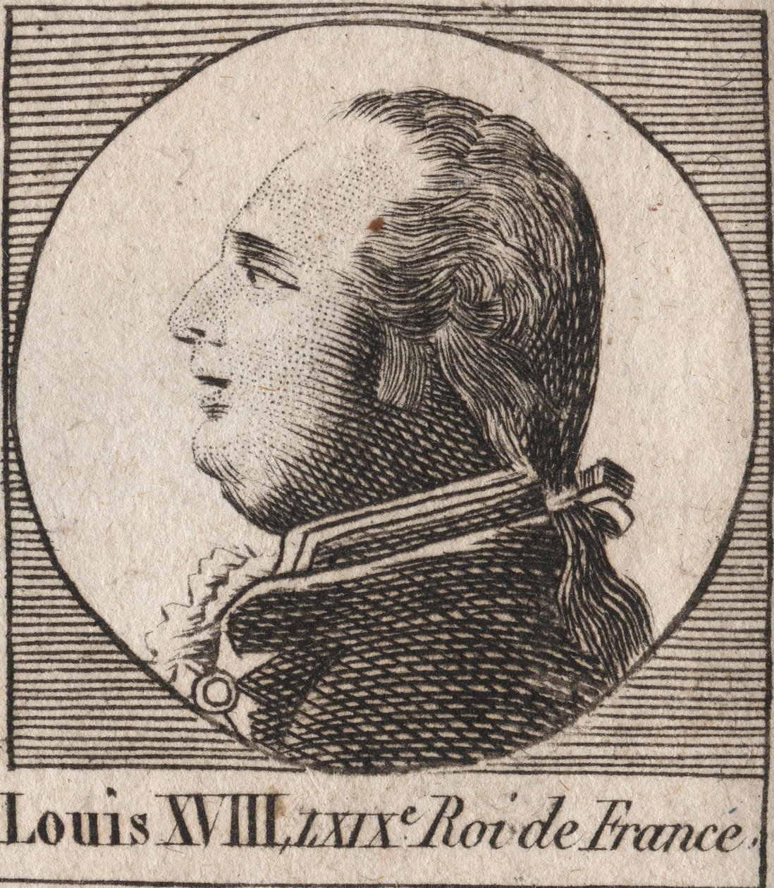 Porträtt av Ludvig XVIII (1755-1824), med smeknamnet Desire, kung av Frankrike och Navarra från 1814 till 1815 och från 1815 till 1824 - Ludvig XVIII, känd som den önskade, kung av Frankrike - gravyr från "Instruction sur l