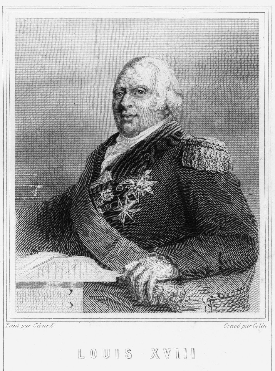 Porträtt av Ludvig XVIII (1755 - 1824), kung av Frankrike - i "Histoire des Français"" av Lavallée, gravyr, sd. av Unknown artist