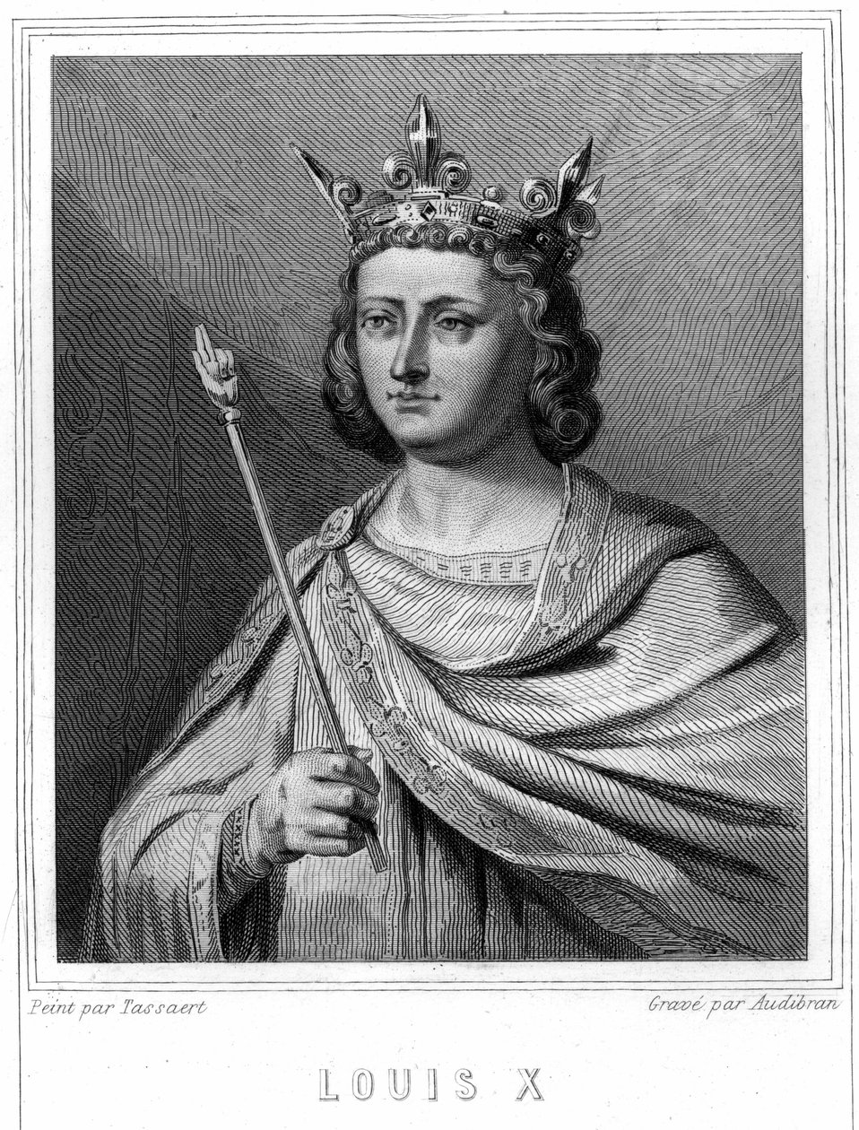 Porträtt av Louis X le Hutin (1289 - 1316), kung av Frankrike - i "Histoire des Français"" av Lavallée, gravyr, sd. av Unknown artist