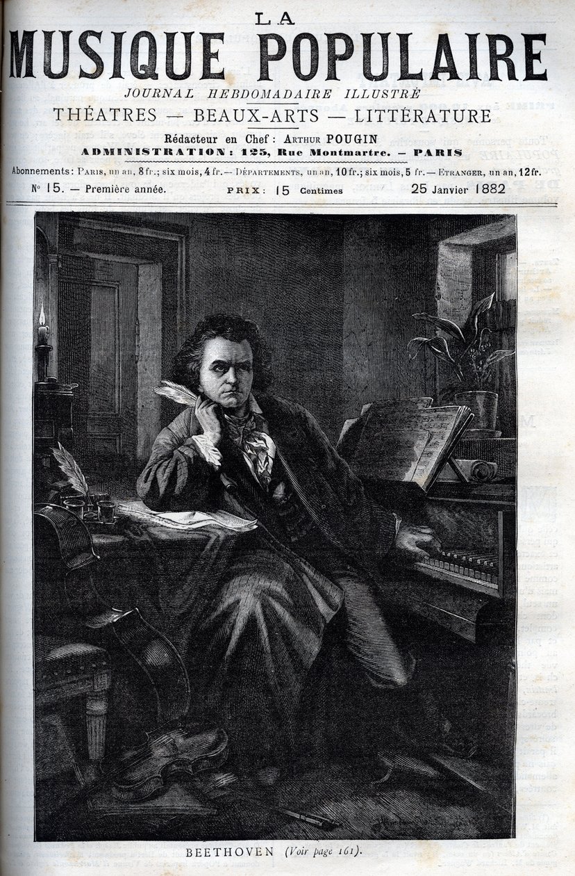 Porträtt av Ludwig van Beethoven (1770-1827), tysk kompositör och pianist - gravyr i "" La musique populaire""" berömda veckotidning - 1882 av Unknown artist