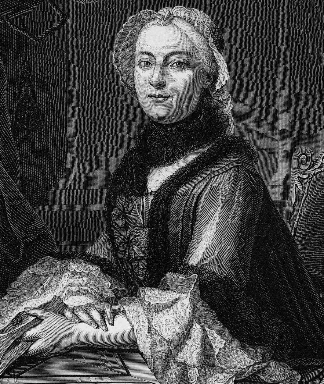 Porträtt av Madame Geoffrin, född Marie Therese (Marie-Therese) Rodet (1699-1777) - Gravyr från 1862 i "" Världens drottningar"" av våra första författare, bok utgiven under ledning av Jean Germain Desire Armandaud av Unknown artist