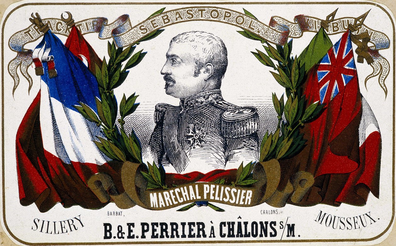 Porträtt av Maréchal Pelissier på en champagneetikett ""B. & E. Perrier à Chalôns sur Marne"", sd. 1800-talet. av Unknown artist