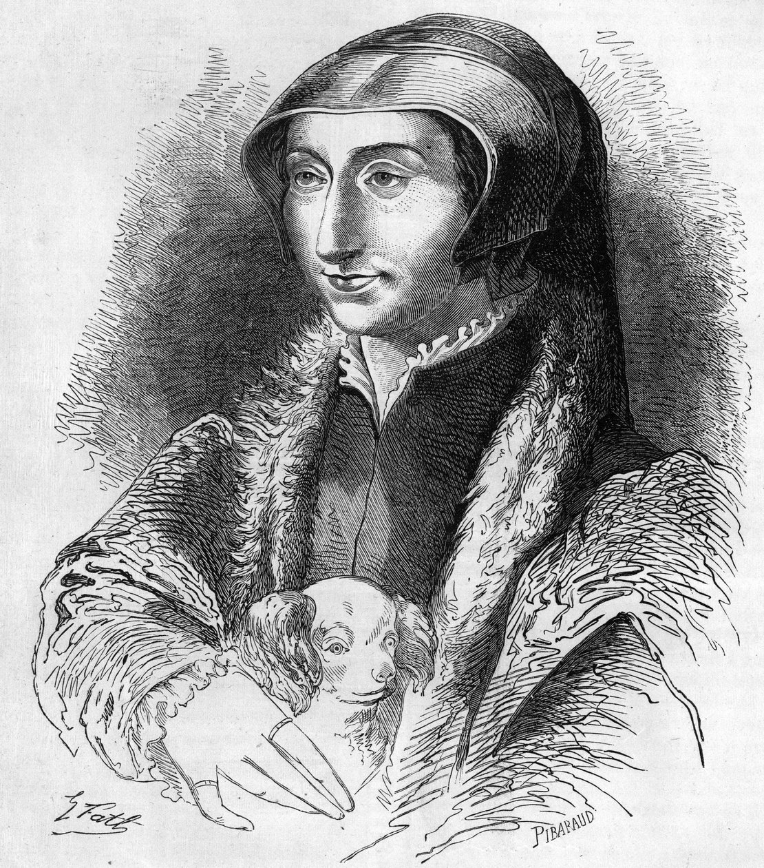 Porträtt av Margareta av Navarra (Marguerite av Valois, Marguerite av Angouleme eller Marguerite av Frankrike (1492-1549) Drottning av Navarra och poetess, syster till Francois 1:a (1553-1615). Gravyr från 1800-talet. av Unknown artist
