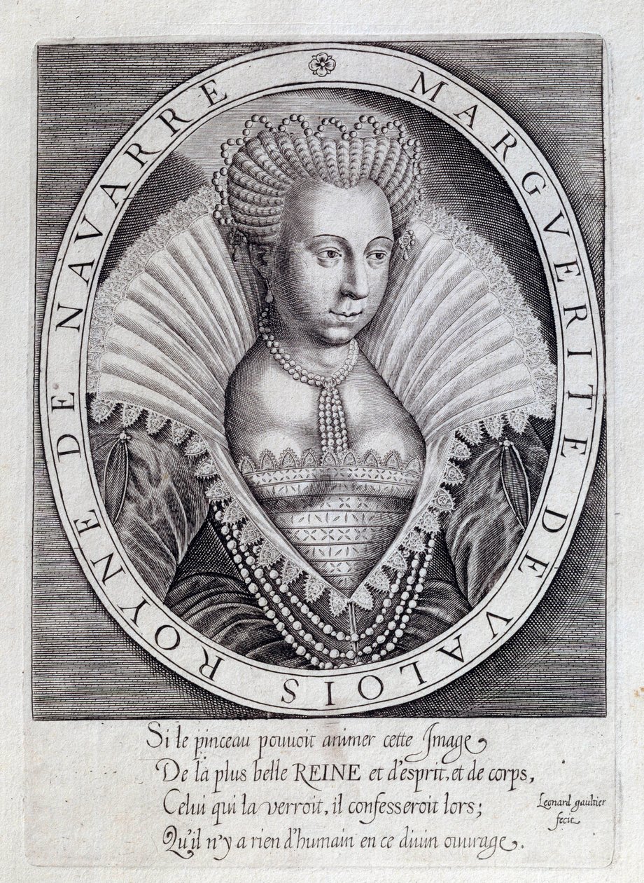 Porträtt av Marguerite de Valois (1553 - 1615) känd som drottning Margot. Gravyr av 1500-talet. Pau, Musée du Chateau av Unknown artist