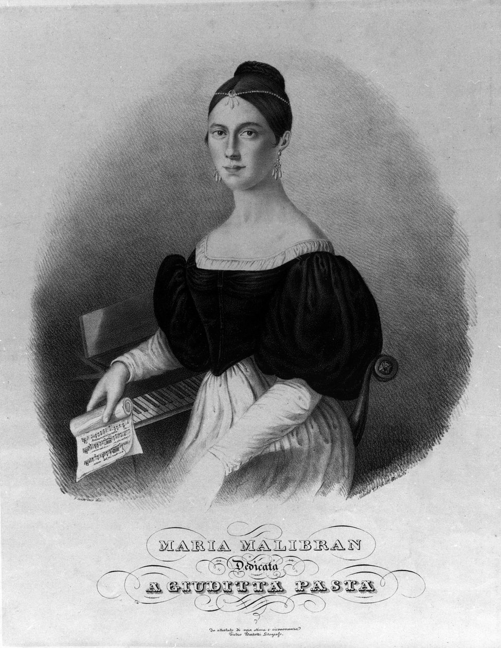 Porträtt av Maria Garcia kallad Malibran (1808-1836) sångerska, gravyr tillägnad Giuditta-pasta. av Unknown artist