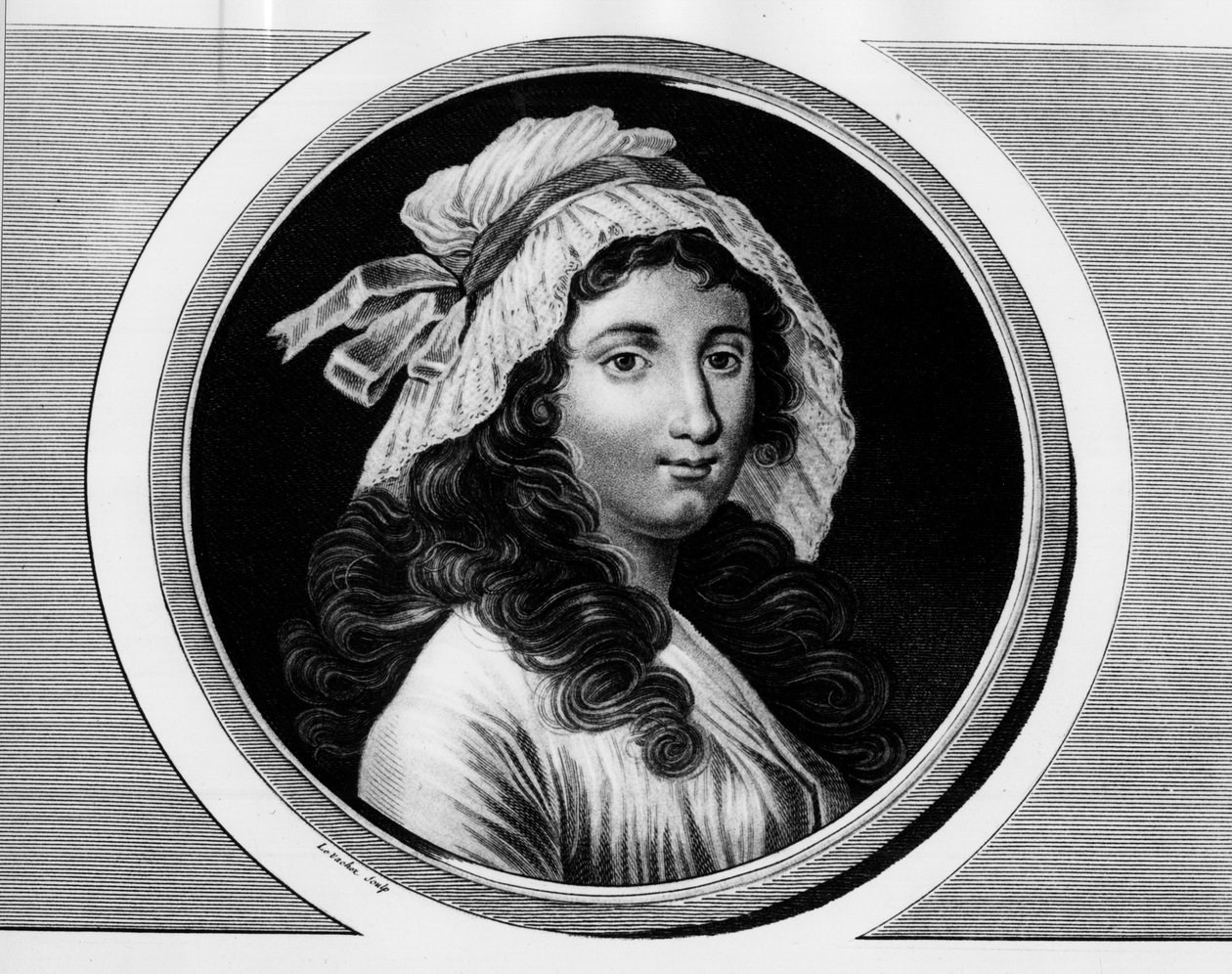 Porträtt av Marie Anne Charlotte Corday (1768-1793). Gravyr i "" Komplett samling av historiska målningar från den franska revolutionen, i tre volymer.""" 1804. av Unknown artist