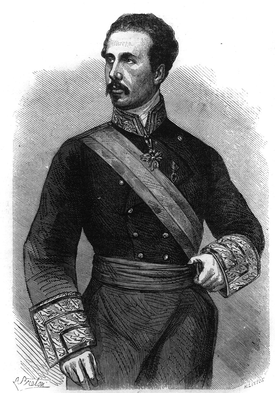 Porträtt av Marie Ferdinand Francois av Assisi de Bourbon, kung av Spanien (1822-1902). Gravyr i "The Illustrious Universe" av Unknown artist