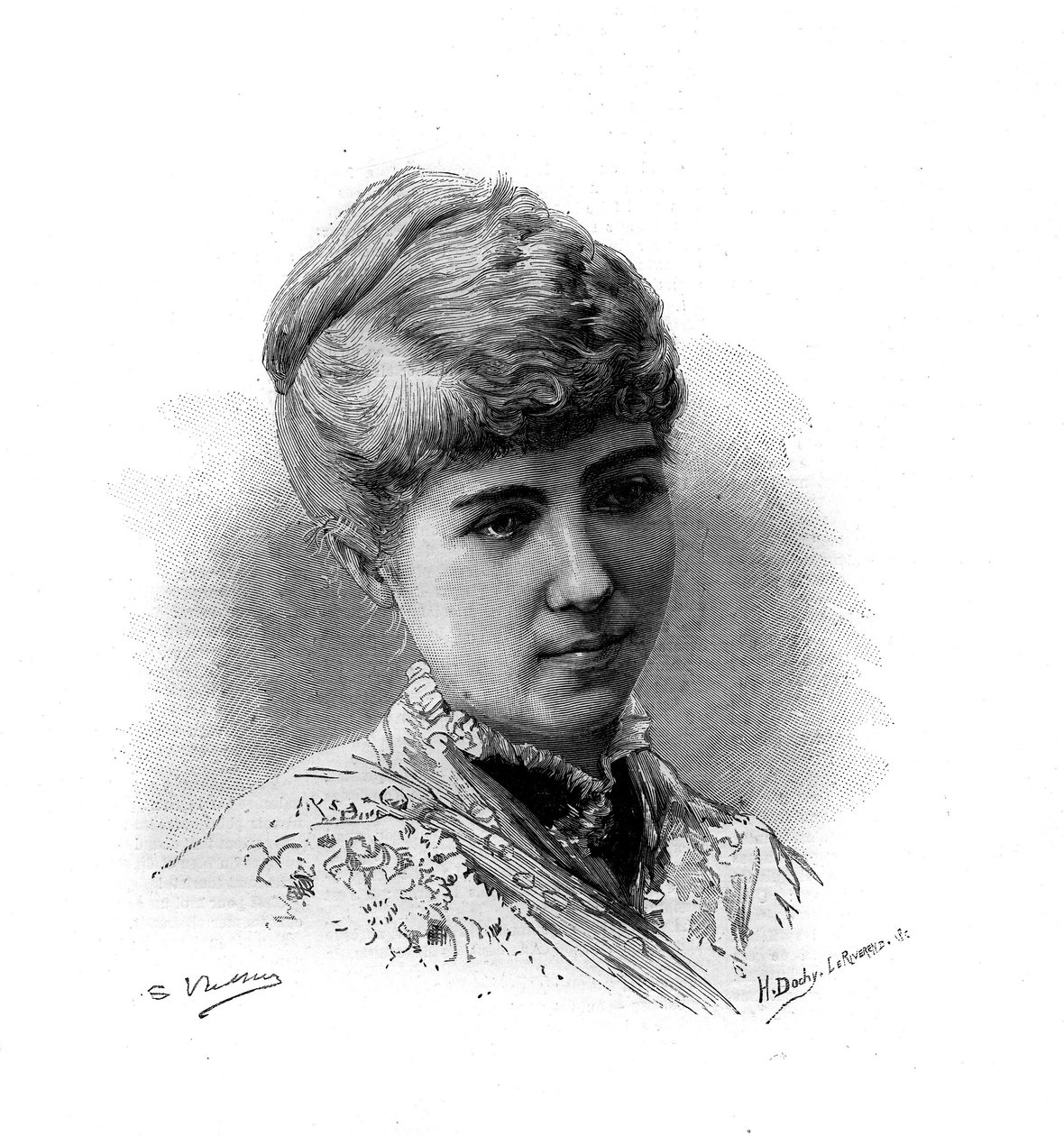 Porträtt av Marie Van Zandt (1858-1919) fransk sångerska av holländskt ursprung. Gravyr i "" Le Monde illustrious"" 1883. Privat samling. av Unknown artist