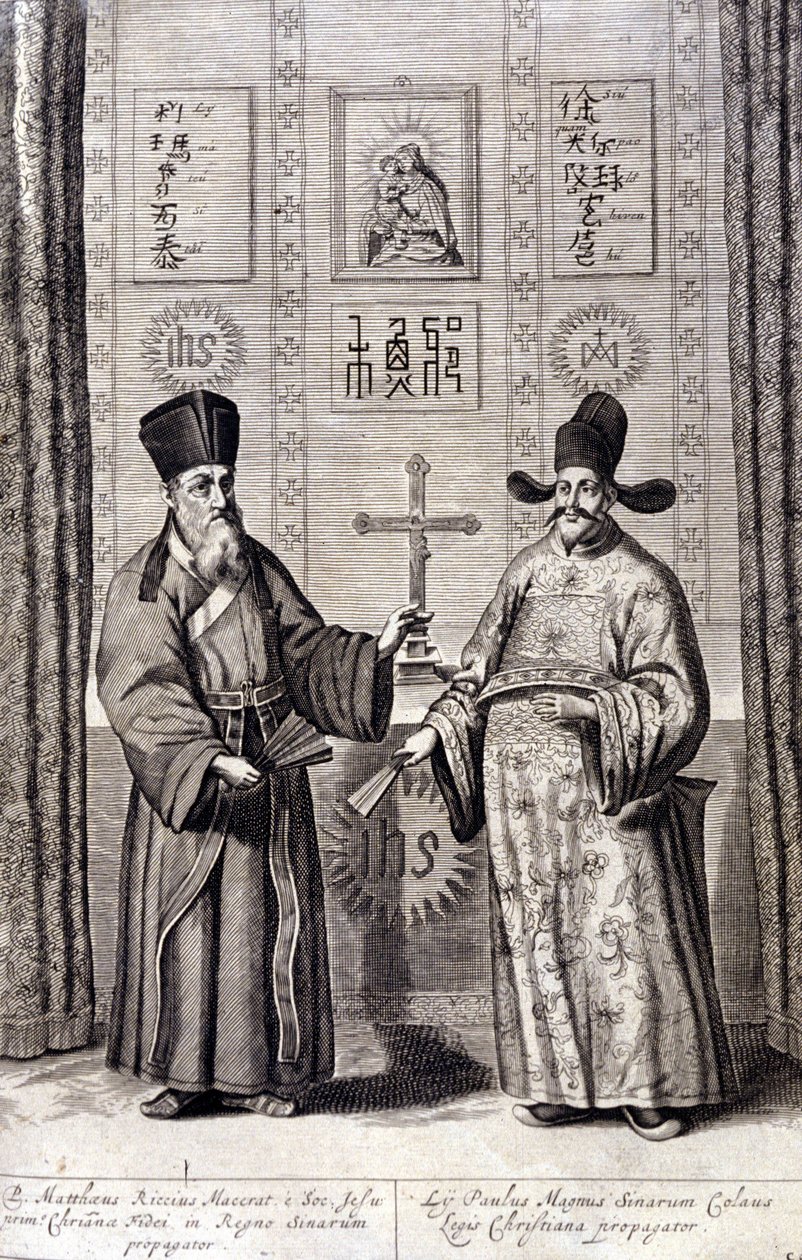 Porträtt av Matteo Ricci (till vänster), italiensk jesuit och Paul Ly, stor propagator för kristen tro i Kina, gravyr av "De China monumenta" av Athanasius Kircher (1601 - 1680), jesuit, orientalist och tysk lärd, Amsterdam 1667. av Unknown artist