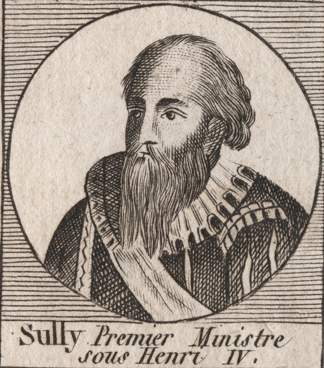 Porträtt av Maximilian av Bethune (1559-1641), hertig av Sully, minister av Henrik IV - Maximilian av Bethune, förste hertig av Sully, trogen högerhand som hjälpte kung Henrik IV av Frankrike - gravyr från "Instruction sur l