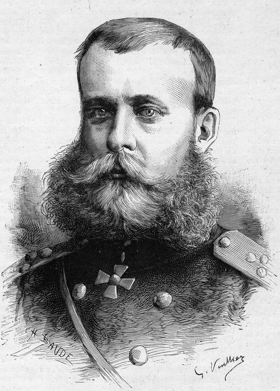 Porträtt av Mikhail Dmitrievich Skobeleff (General Skobeleff eller Skobelev) (1843-1882), rysk militär. Gravyr i "" Le Monde Illustré"" nr 1301 den 4 mars av Unknown artist