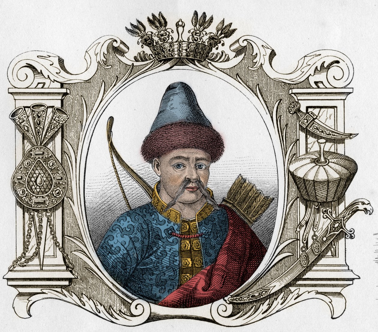 Porträtt av den mongoliska monarken Timur (Tamerlane) (1336-1405) - Tamerlan (1336-1405) (eller Timur Lang, "" Timur den lame"") Gravyr från 1861 av Unknown artist