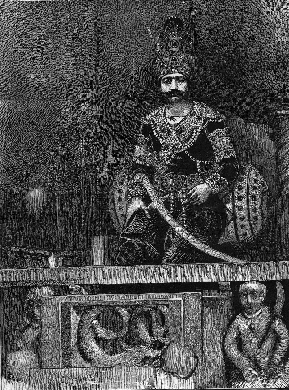 Porträtt av Nasir Al-Din (Nasser al Din) (1831-1896) Shah av Persien på sin tron. av Unknown artist