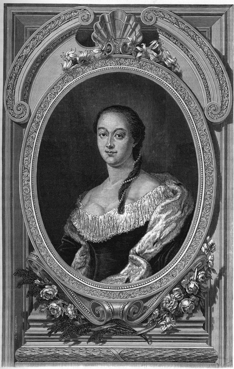 Porträtt av Nathalie (Natalaie) Dolgoruki (1714-1771) dotter till Boris Petrovich Cheremetiev - Gravyr från 1862 i "" The Queens of the World"" av våra första författare, Bok utgiven under ledning av Jean Germain Desire ARMENGAUD av Unknown artist