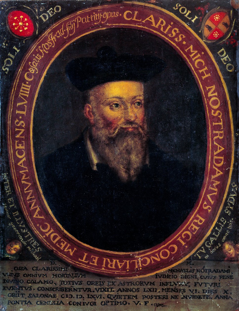 Porträtt av Nostradamus, Michel de Notre Dame (1503 - 1566) fransk astrolog och läkare. Koppargravyr av Unknown artist