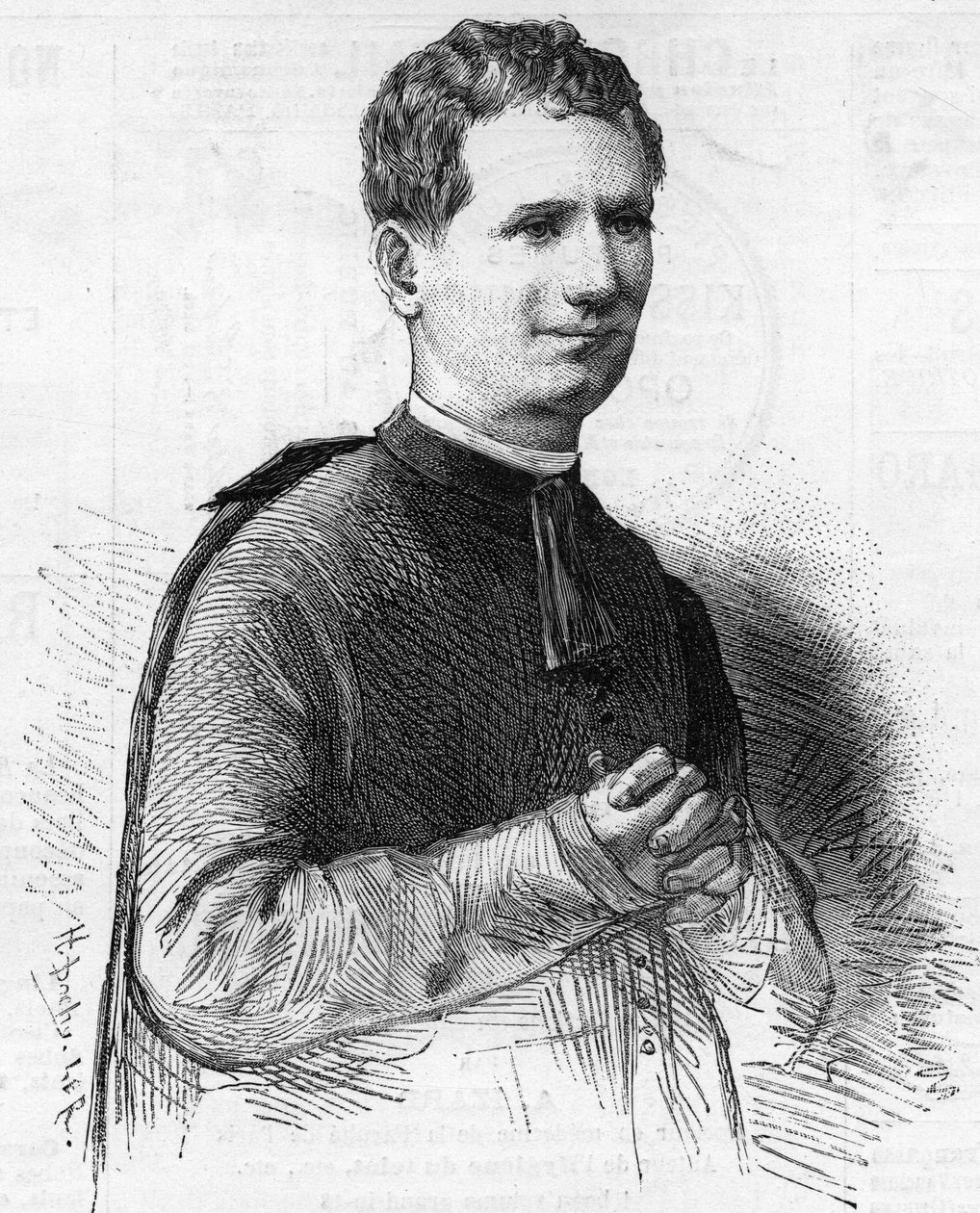 Porträtt av Pere Dom Bosco, berömd italiensk kyrklig känd över hela 1800-talets Europa för sina heliga handlingar. Det avleddes 1888. av Unknown artist