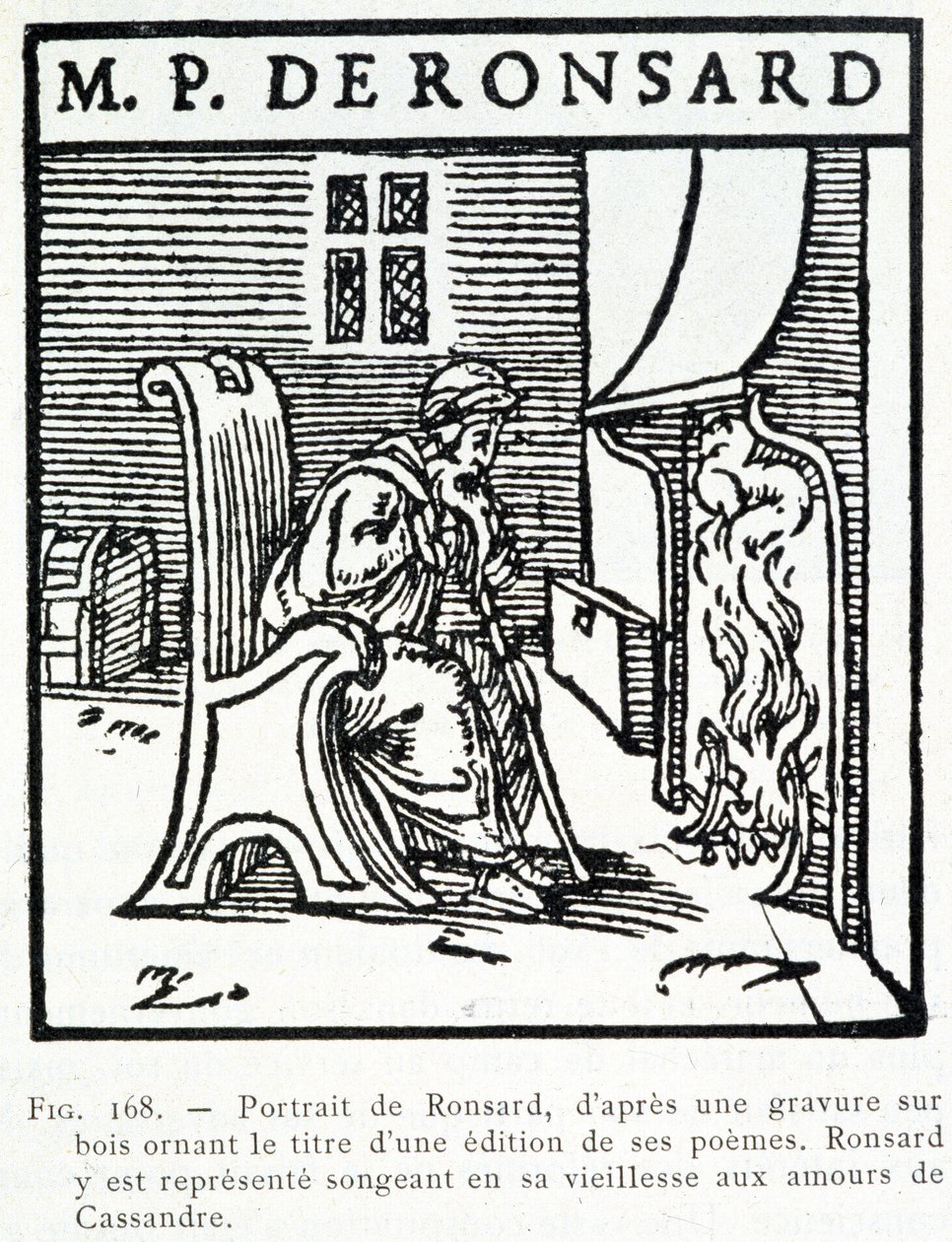 Porträtt av Pierre de Ronsards gamla tänkande av Cassandres amours - trästick av Unknown artist