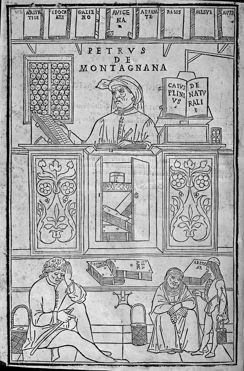 Porträtt av Pietro da Montagnana, en läkarlärare från Padu omgiven av grekiska och arabiska medicinska böcker, och tre patienter som väntar på att få sin urin undersökt. av Unknown artist