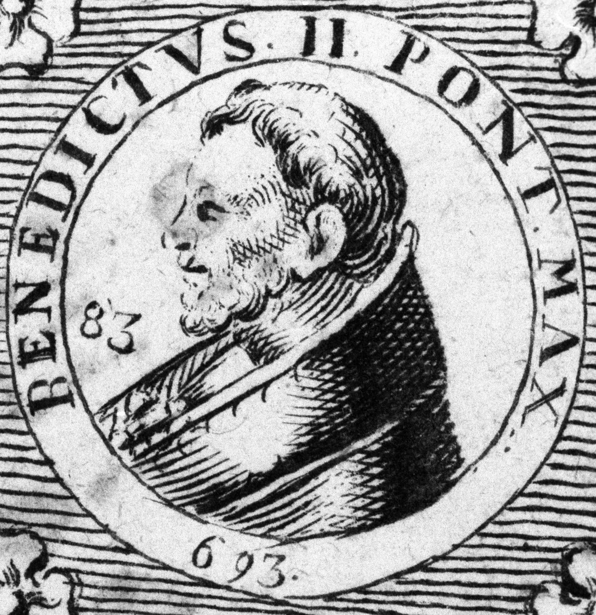 Porträtt av påven Benedikt II. Gravyr av 1800-talet. av Unknown artist