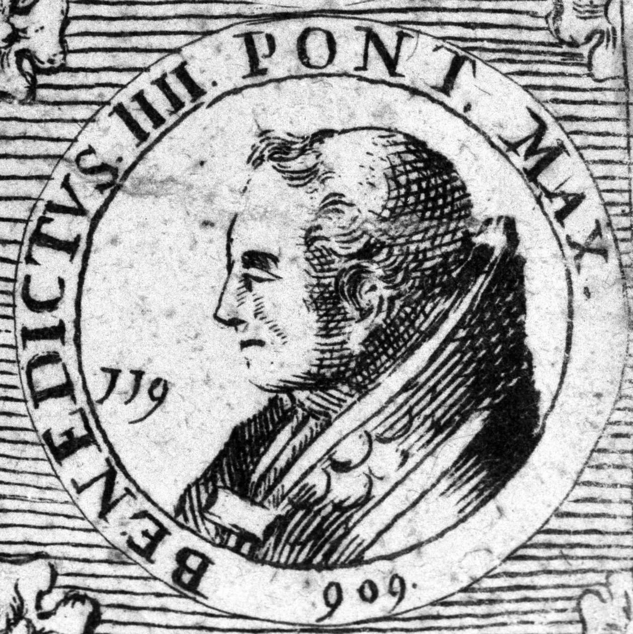 Porträtt av påven Benedikt IV. Gravyr av 1800-talet. av Unknown artist